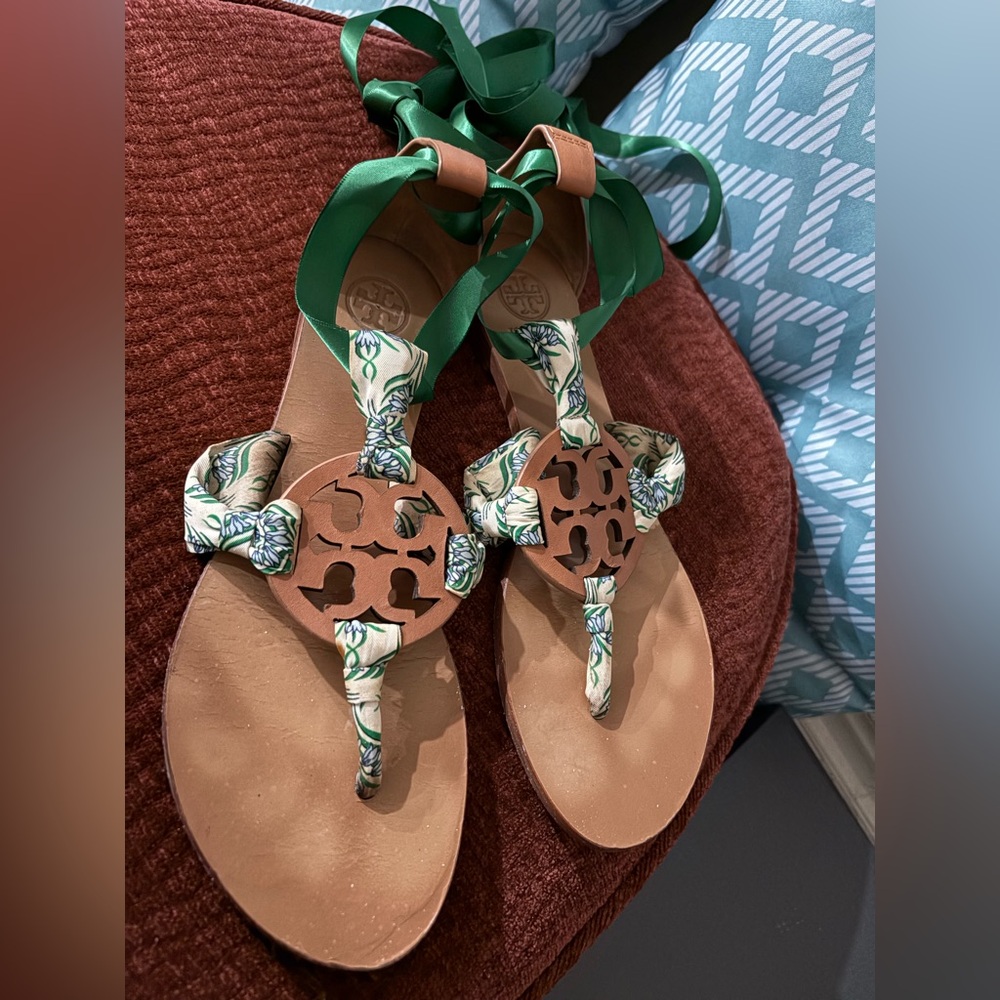 Tory Burch Tan Leather Sandal with Green and White Printed Ties